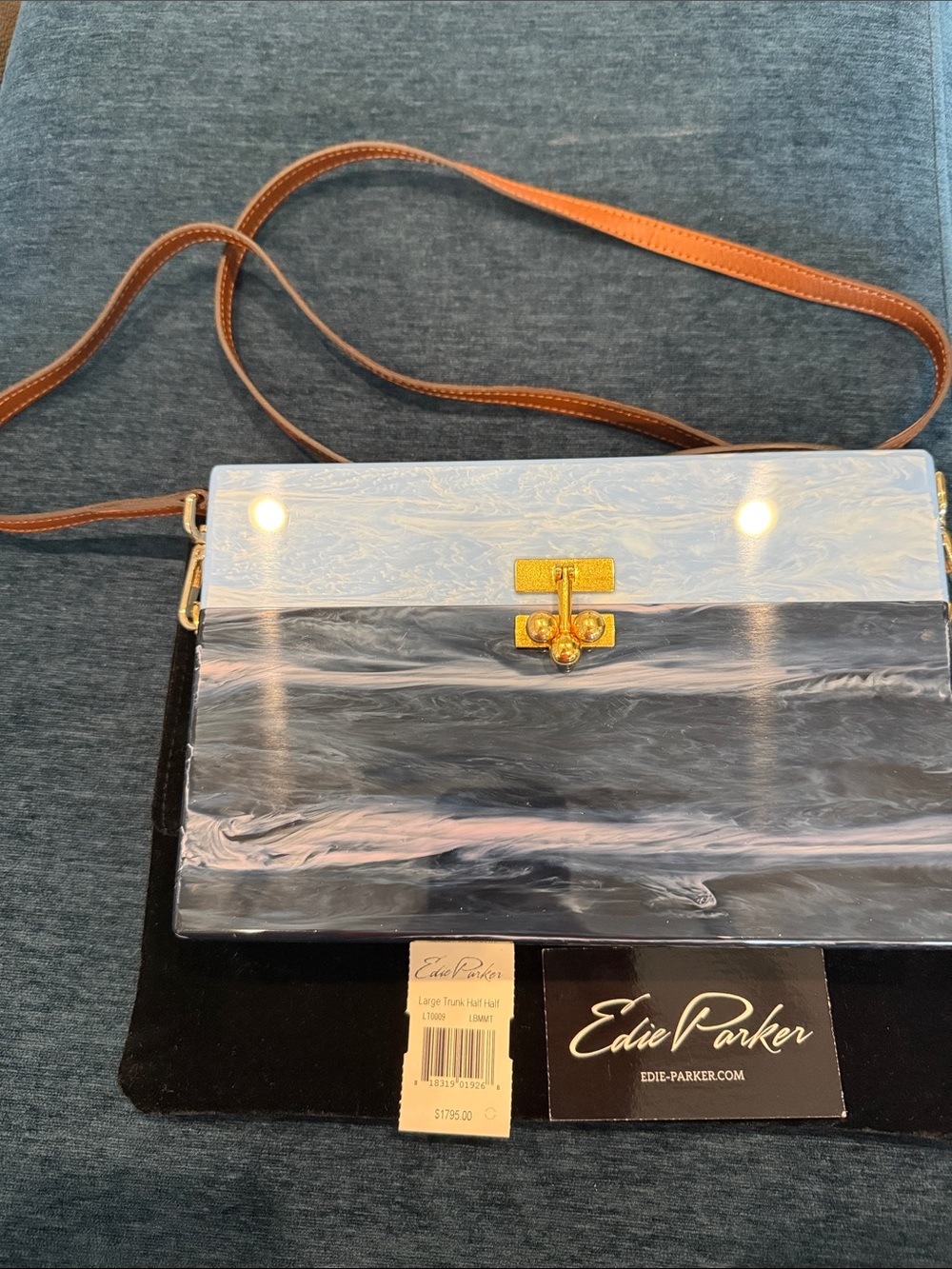 NWOT Edie Parker Large Blue and Black Marbled Trunk Bag